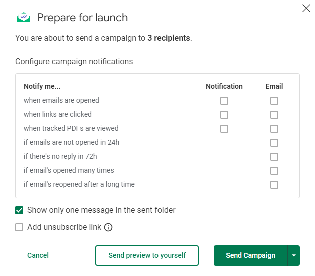 Notification settings in Mailtrack