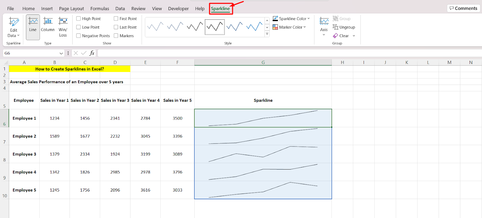 How to add sparklines in Excel - Highlighting data points in sparklines