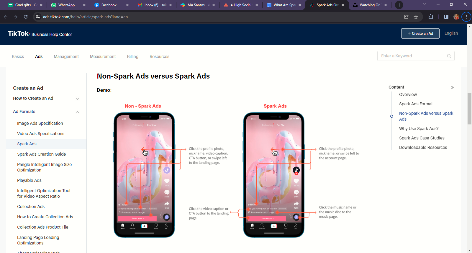Pagina del Business Center di TikTok che illustra la differenza tra annunci Spark e annunci non Spark. 