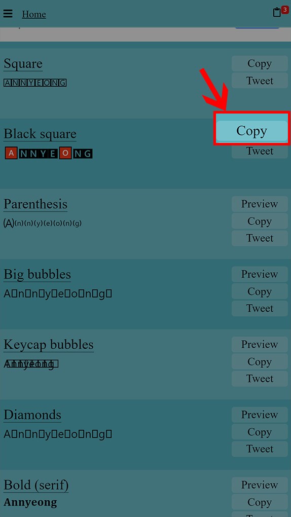  Website sẽ hiển thị văn bản bạn nhập bằng các font chữ khác nhau. Chọn Copy bên cạnh font chữ bạn muốn chọn.