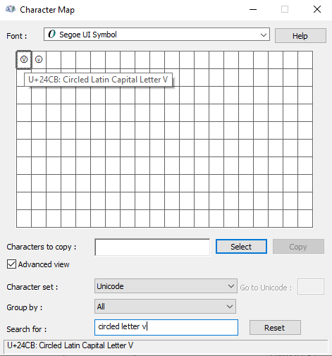 searching for Circled V symbols text in character map view