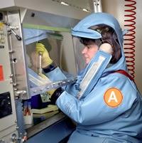 Woman working in a BSL-4 laboratory. She is wearing a full positive pressure suit. No skin is exposed; her air supply can be seen on the back of her suit. She working within a BSC.