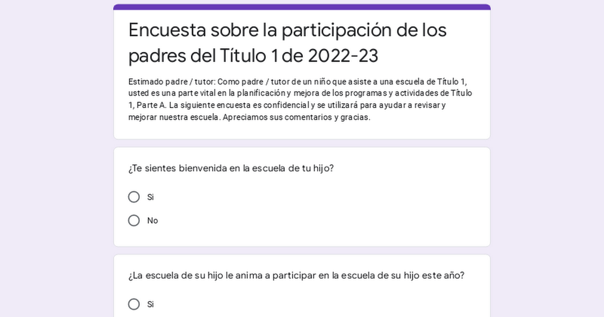 Encuesta sobre la participación de los padres del Título 1 de 2022-23