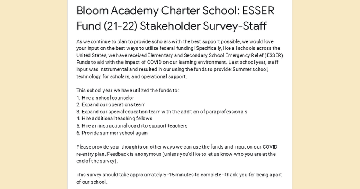Bloom Academy Charter School: ESSER Fund (21-22) Stakeholder Survey-Staff
