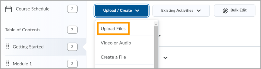 Image of the "Upload Files" option in the content area. 
