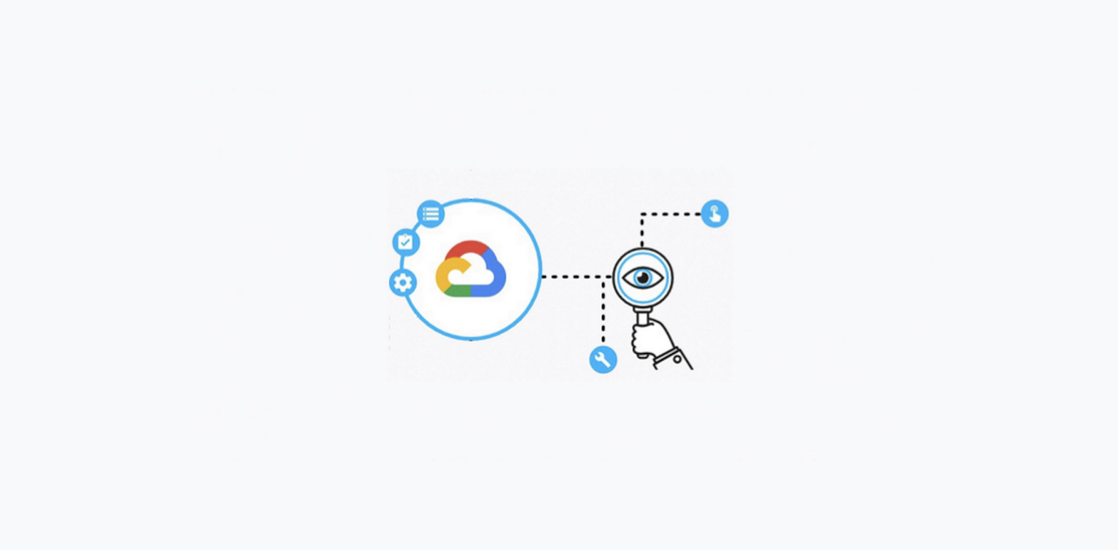 Image 1: 一隻手拿著放大鏡檢視 Google Cloud Platform 標誌，周圍環繞著代表數據管理、設定和使用者存取的圖示