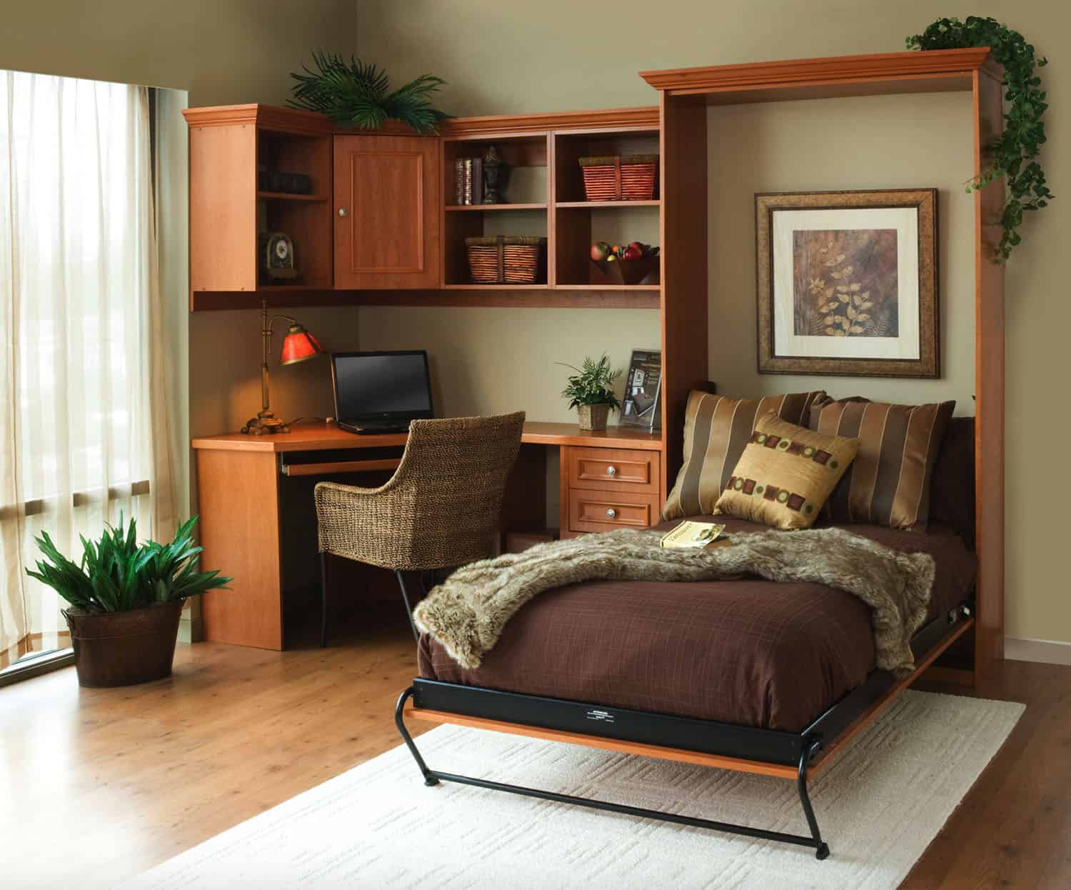 A guest room with office space