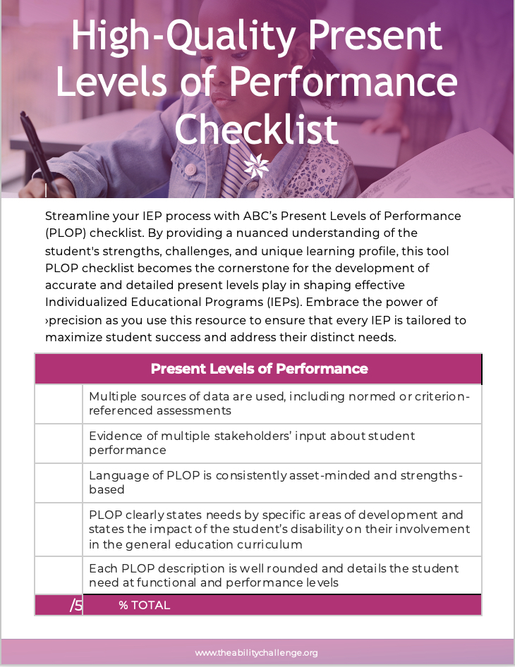 This document describes the components of a high quality present level of performance which is part of an IEP