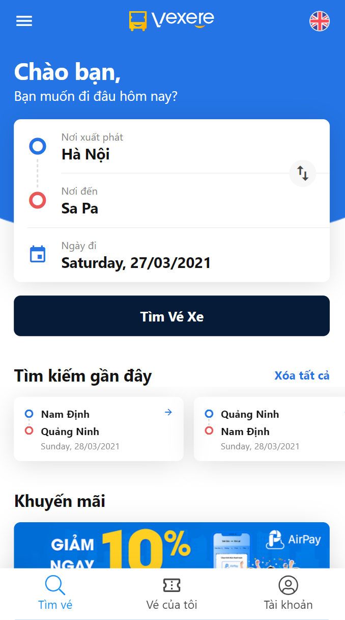 Chọn điểm đi/ điểm đến là Hà Nội - Sapa