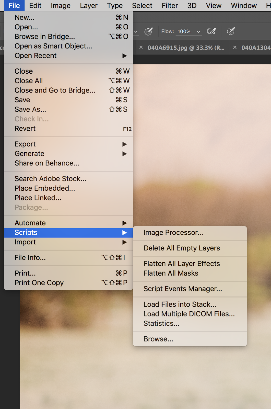 A file menu dropdown in Adobe Photoshop with Image Processor selected.