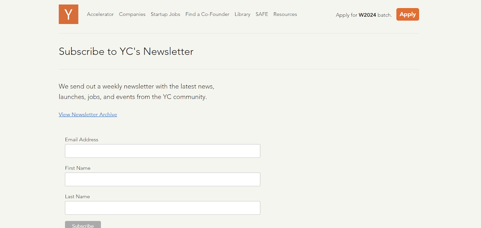 YC combinator  newsletter screenshot