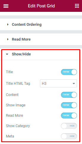 Post Grid show/hide content settings tab