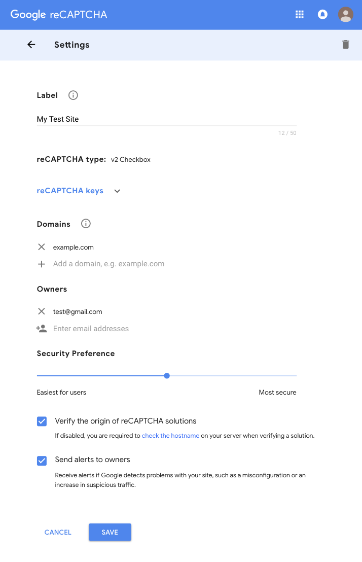 Settings | reCAPTCHA | Google Developers