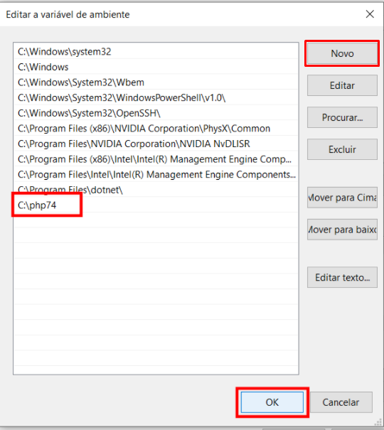 Inserindo valor C:\php74