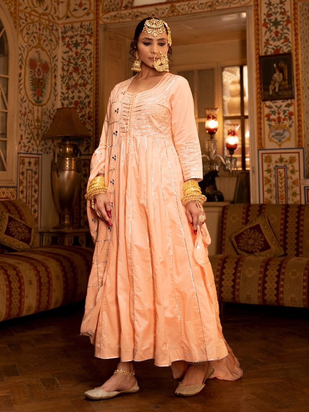 the loom - Peach Gota Cotton Kalidar Suit