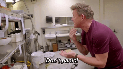 Giphy clip of Gordon Ramsey shouting angrily at a chef saying "Don't panic!"