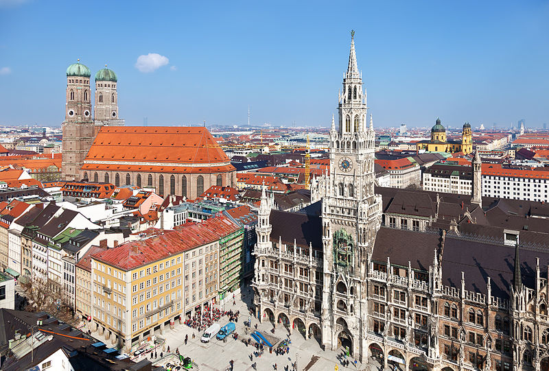 Old Town of Munich (Germany): on the left the Frauenkirche and on the right the New Town Hall