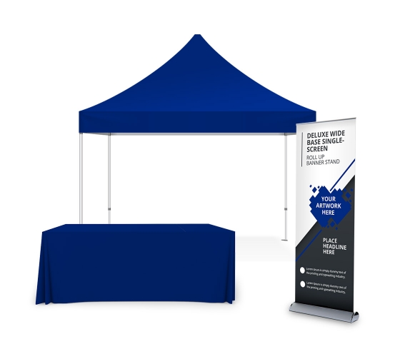 banner buzz portable canopy tent with rollup stand and table cover
