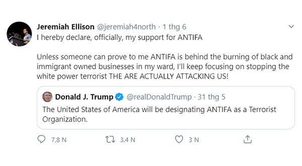 Con trai ông ta là Jeremiah Ellison cũng công khai thừa nhận hỗ trợ Antifa.