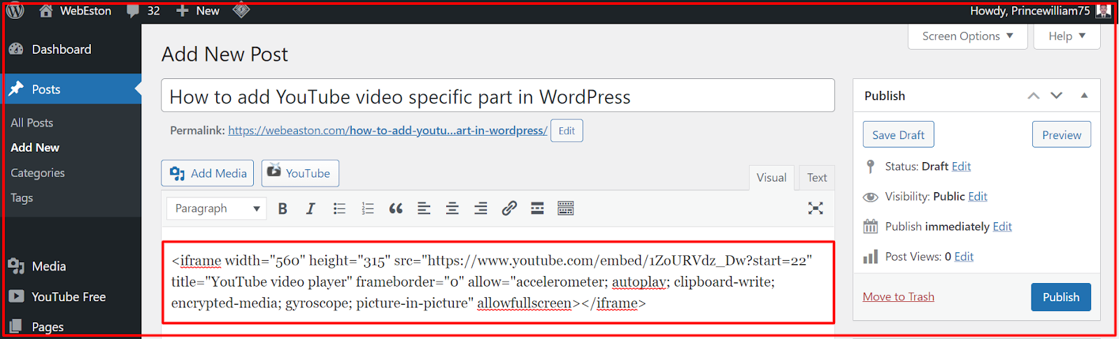 YouTube videos embed code paste in wordpress website
