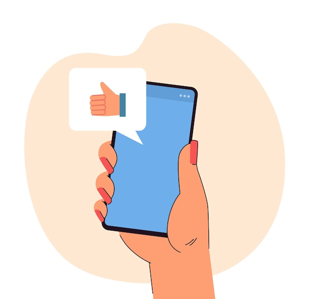 Free vector hand holding phone showing positive reaction in speech bubble. customer, client or friend approving of product or service flat vector illustration. quality, satisfaction rating or feedback concept