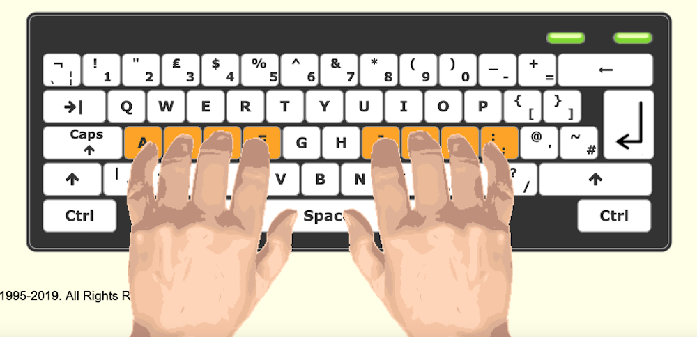 The keyboard in KAZ typing software showing home row keys highlighted