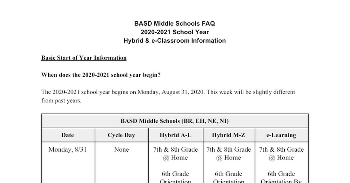 2020-2021 Middle School Start of School FAQ