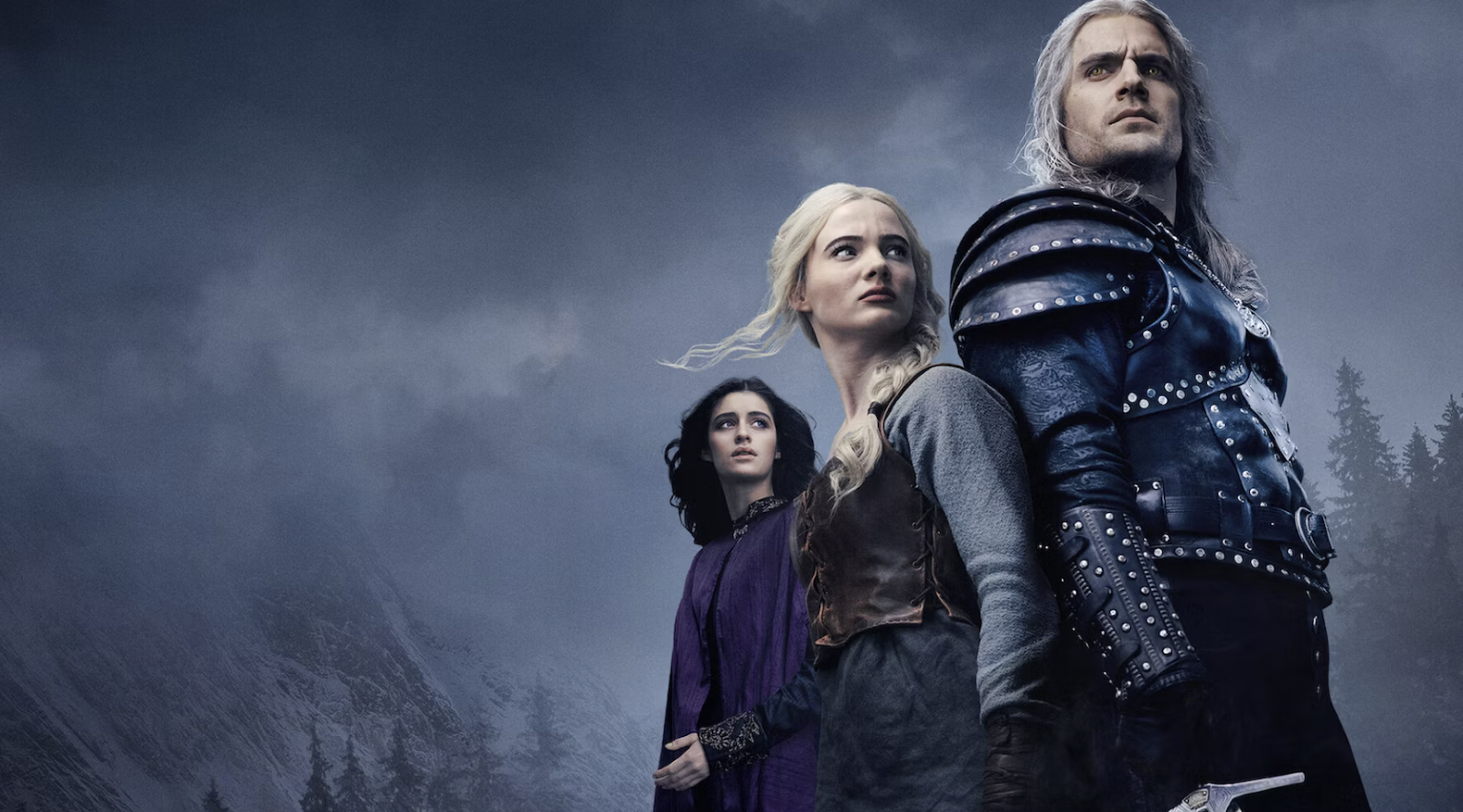 Geralt, Ciri, and Yennifer in front of clouds in Witcher poster