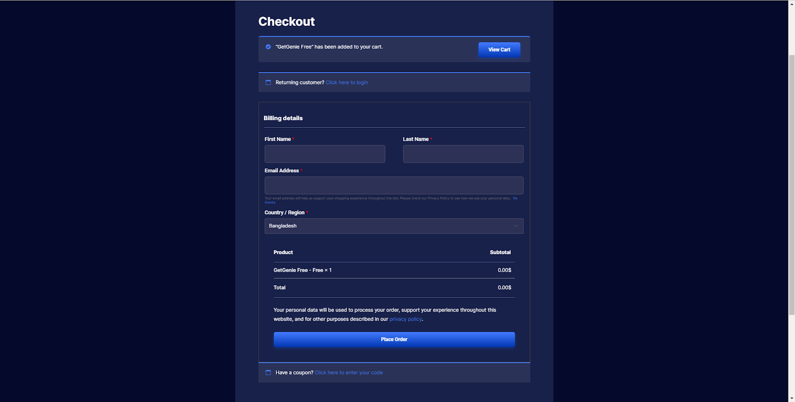 Checkout-Formular, um das GetGenie AI-Plugin zu erhalten