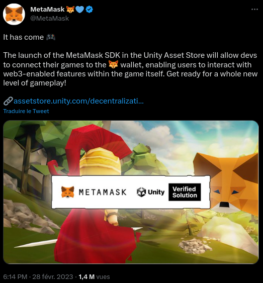 tweet d'annonce du portage de Metamask sur Unity