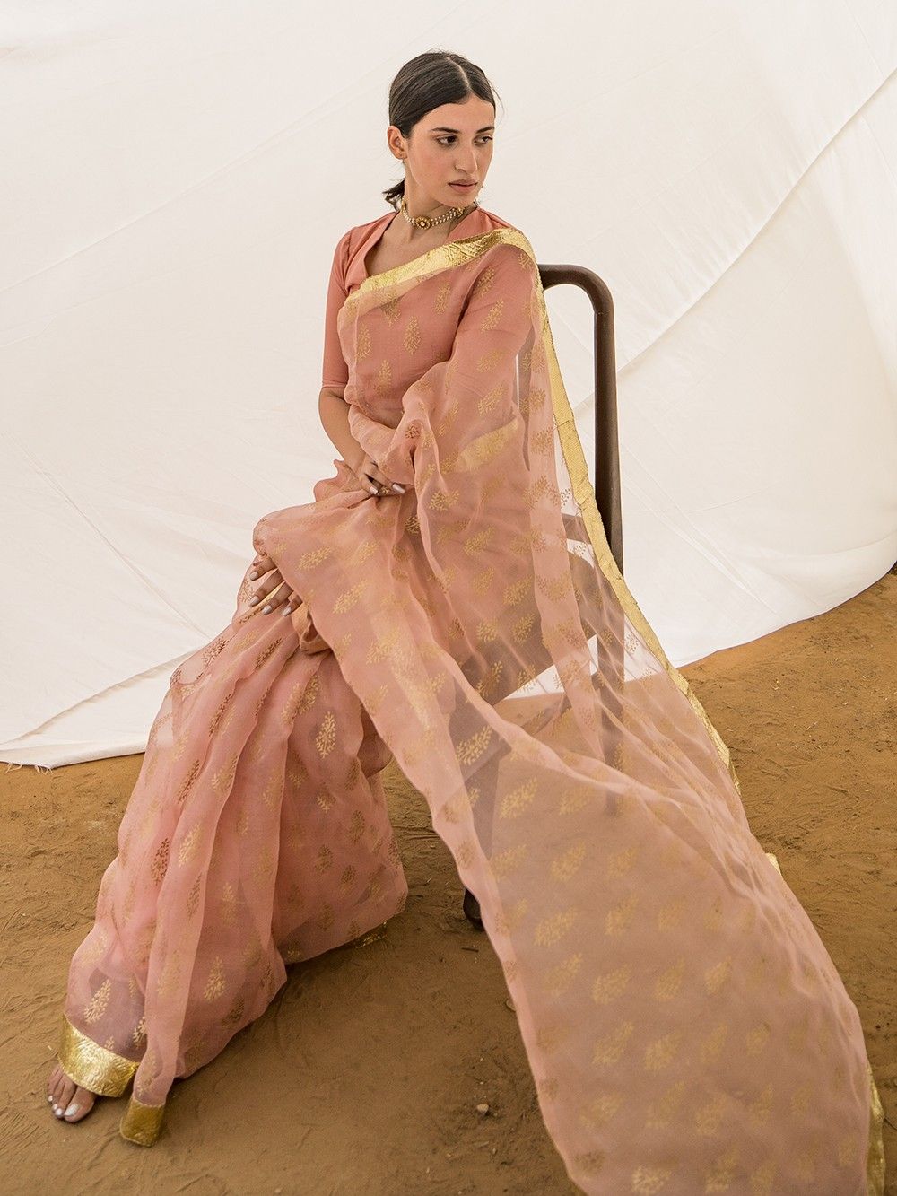 the loom-Pink Hand Block Printed Organza Silk Saree 