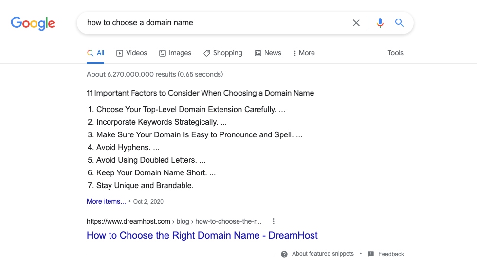 Lista numerada de trechos do Google