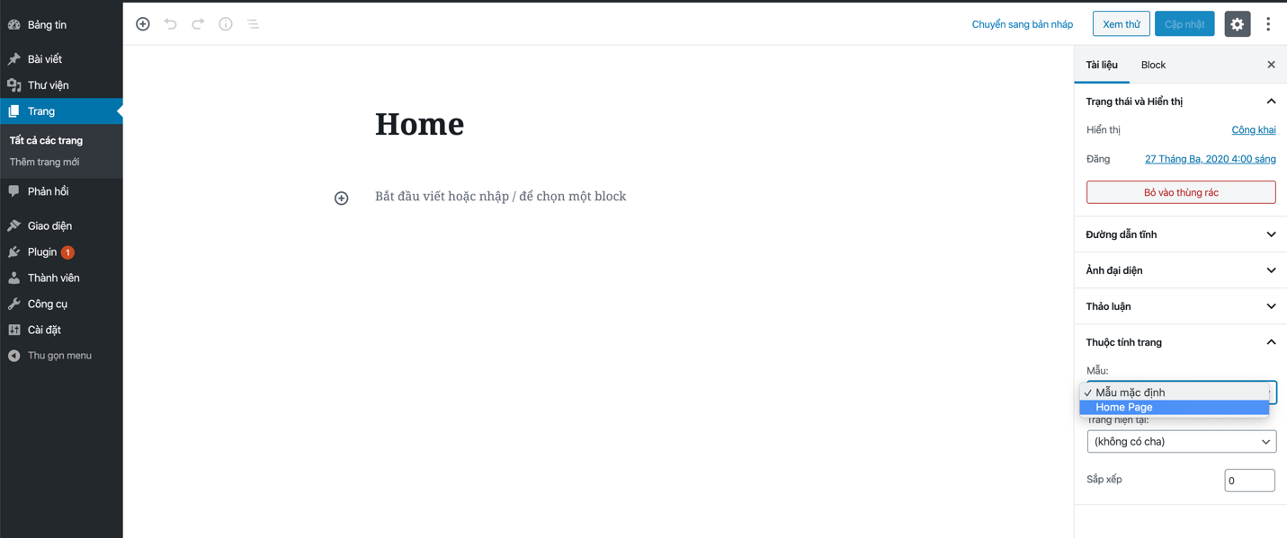 Chọn Template Home Page