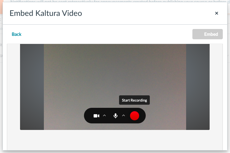embed kaltura video instant start recording screen