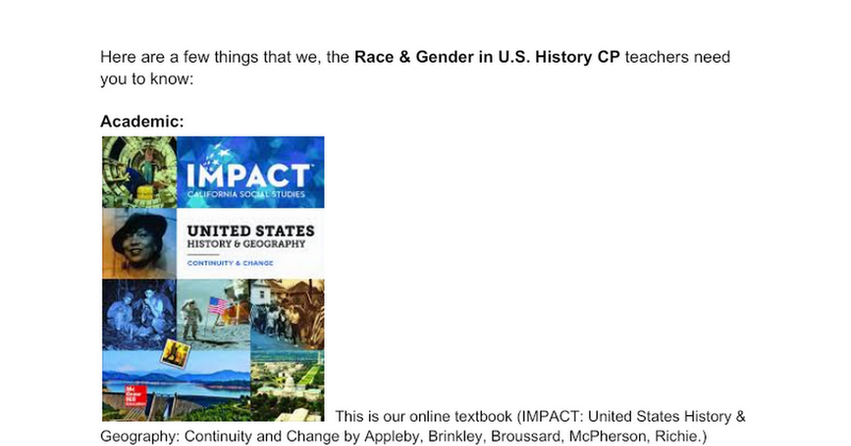 (Race & Gender in U.S. History CP) Mustang Supports Newsletter 