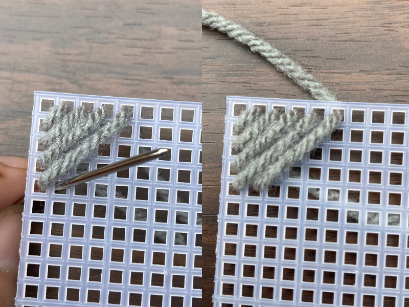 weaving silver colored yarn in plastic canvas