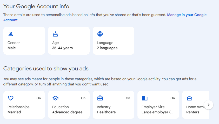 "Your Google Account Info" section on Google Account