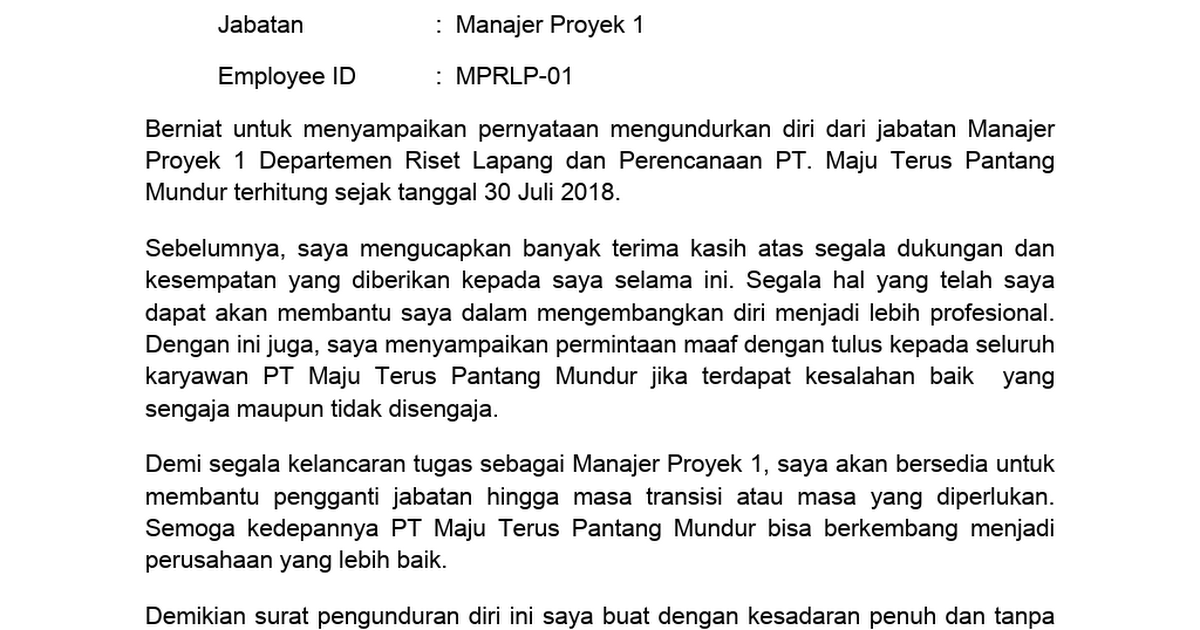 Contoh Surat Pengunduran Diri Kerja Atau Resigndocx