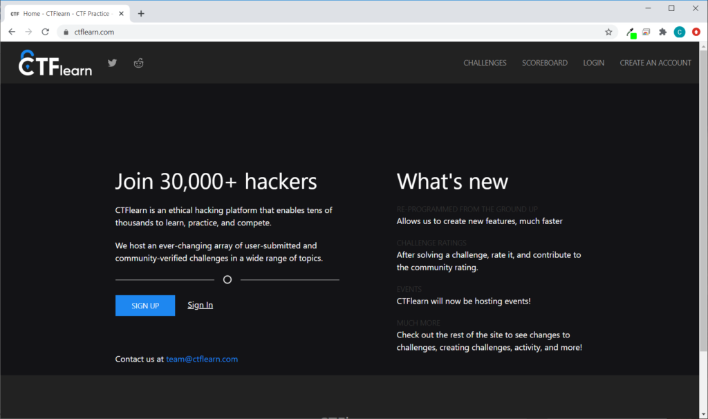 Screenshot of the CTFlearn vulnerable website for CTF contests