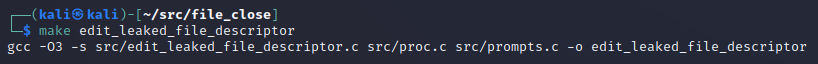 Using the supplied make file to build our edit_leaked_file_descriptor tool.