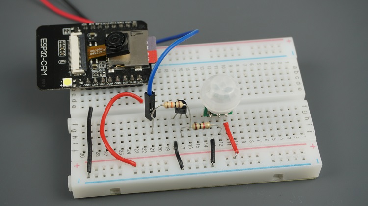 ESP32-CAM with PIR Motion Sensor Circuit Breadboard