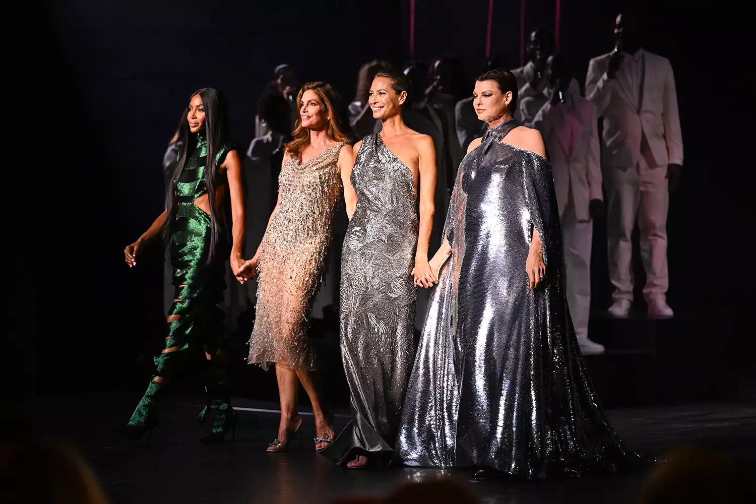 From L-R Naomi  Campbell, Cindy Crawford and other supermodels for the London fashion week