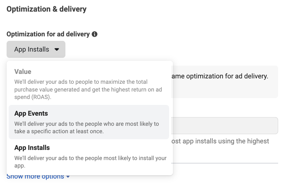 App Events selection for Optimization & delivery.