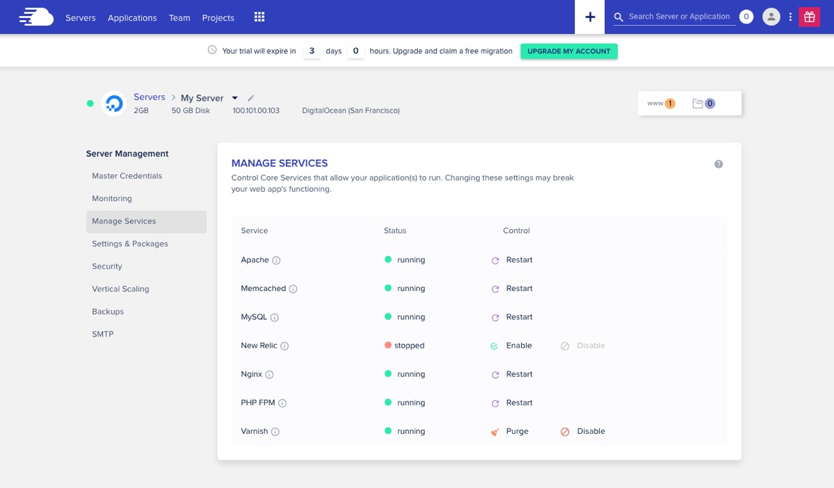 Serviços do Cloudways Server Manager