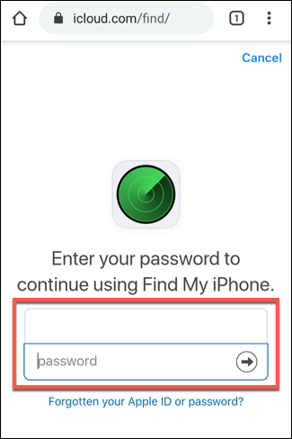 The sign in screen for the iCloud Find iPhone service, shown on a Chrome browser on Android
