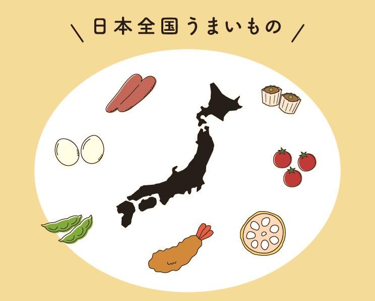 パネル看板のデザイン例として、日本列島のシルエットを囲む食材の画像