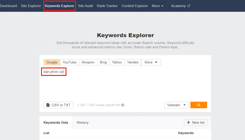 keyword explorer - phát triển từ khóa seo dựa vào ahrefs