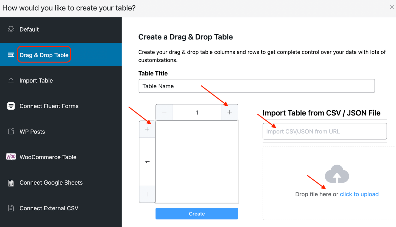 create tables with drag and drop