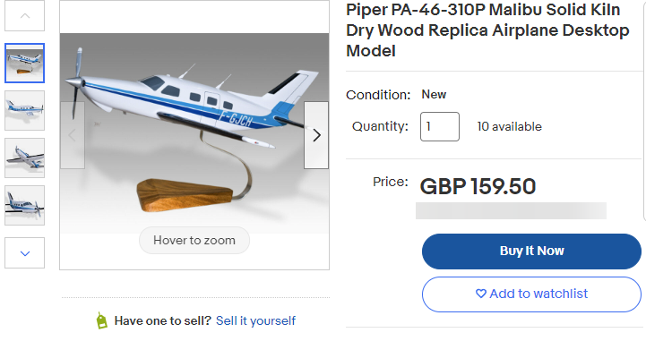 screenshot of model airplane listing on eBay