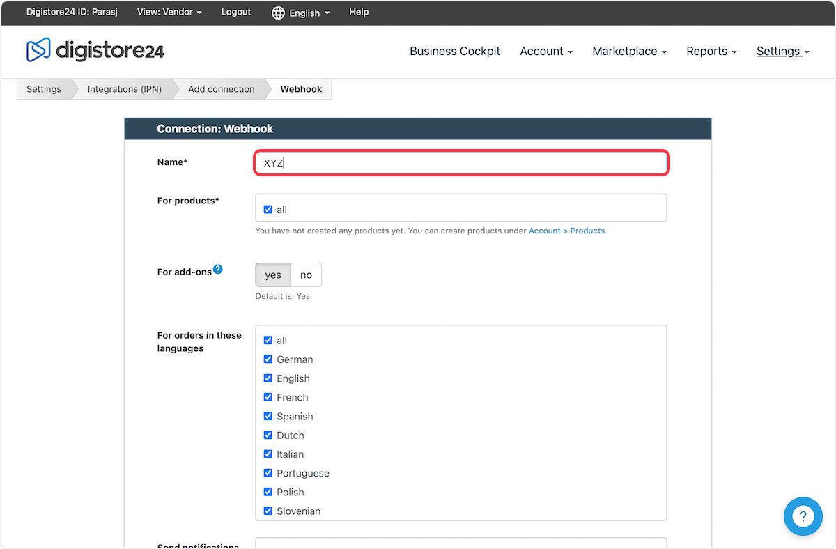 Add a name for the webhook.